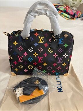 BEAST FASHION, Black Satchel with Multicolor Monogram Motifs Size 25 NEW